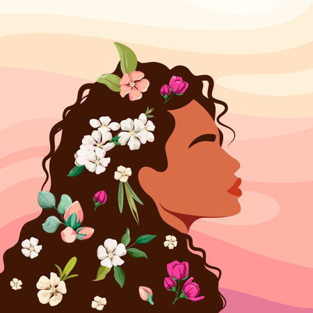 Portrait of a beautiful young woman with flowers in her hair. Summer mood. Vector illustration.のイラスト素材