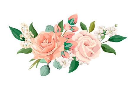 Decorative floral element with roses, twigs and leaves. Vector.のイラスト素材