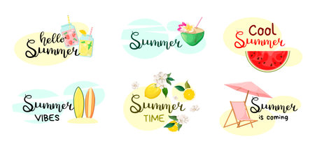 A set of bright summer lettering on a white background. Vector illustration.のイラスト素材