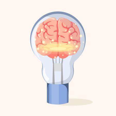 The human brain glows in a light bulb. A thought process, an idea. Vector illustration.のイラスト素材
