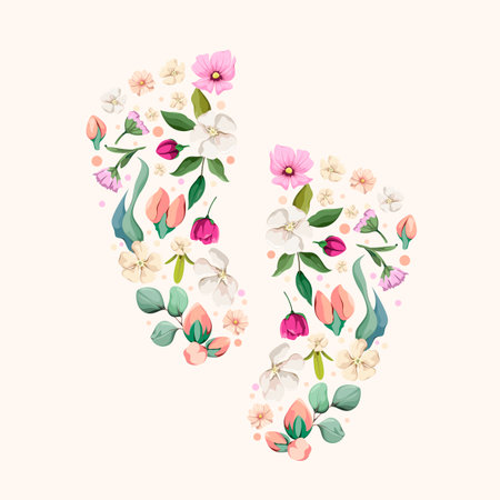 Flower baby footprints on a white background. Cute illustration for postcards, invitations, advertising, and social media. Vector.のイラスト素材