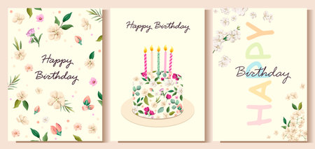 Happy Birthday. A set of cute flower cards in soft colors. Vector illustration.のイラスト素材