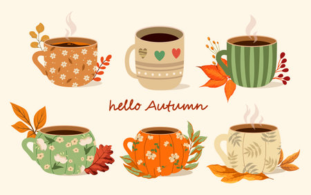 A set of cozy autumn mugs. Hello autumn. Hot drinks. Vector illustration.のイラスト素材