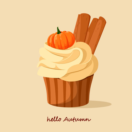 Autumn pumpkin and cinnamon cupcake. Sweetness. Vector.のイラスト素材