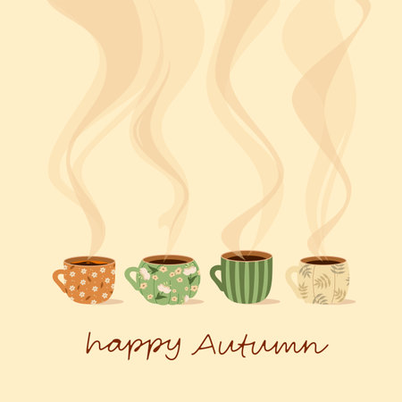 A set of cute mugs with hot drinks and steam. Cozy autumn elements. Vector.のイラスト素材