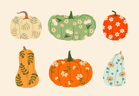 A set of cute pumpkins with flowers. Vector illustration.のイラスト素材