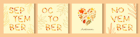 Set of autumn posters with month names. Vector.のイラスト素材