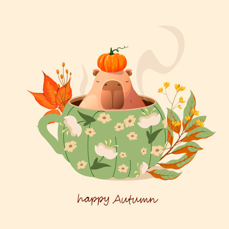 A funny capybara in a mug with a hot autumn drink. Fall. Cozy and cute illustration.のイラスト素材