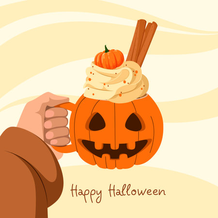 Halloween holiday poster. Pumpkin-shaped mug with whipped cream. Vector.のイラスト素材