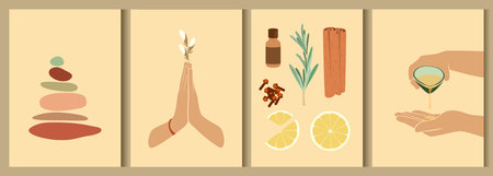 A set of posters with spa items. Ayurveda. Vector.のイラスト素材