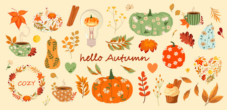 Set with cute autumn elements and inscriptions. Cozy collection. Vector illustration.のイラスト素材