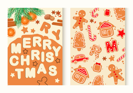 A set of holiday posters with sweets. Gingerbread cookies. Vector.のイラスト素材