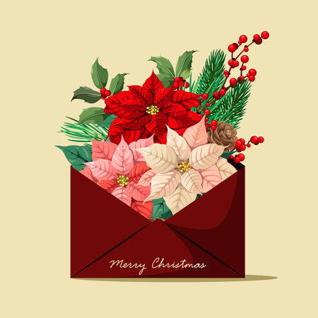 Christmas poster. Envelope with a bouquet of poinsettias. Vector.のイラスト素材