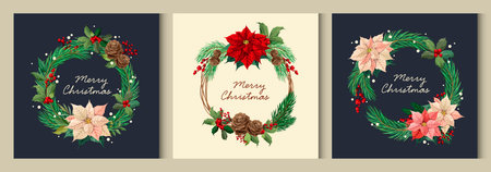Christmas wreaths with pine cones, holly, and poinsettias. Vector.のイラスト素材