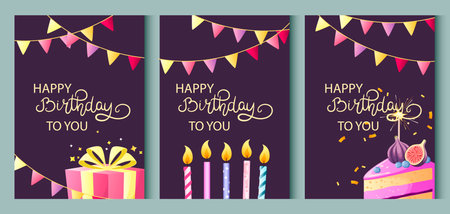 Happy Birthday. Set of colored greeting cards with candles, cake, and flags. Vector illustration.のイラスト素材