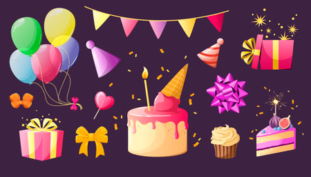 A set of festive objects for a birthday. Cartoon style. Vector.のイラスト素材
