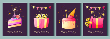 Happy Birthday. Set of colored greeting cards with candles, cake, and flags. Vector illustration.のイラスト素材