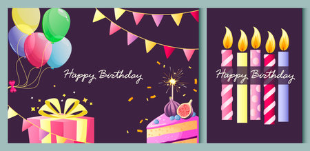 Happy Birthday. Set of colored greeting cards with candles, cake, and flags. Vector illustration.のイラスト素材