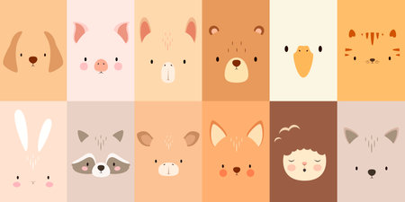 A set of cute animal faces. A simple illustration. Vector.のイラスト素材