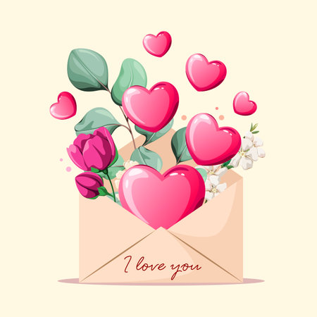 An envelope with hearts and flowers. I love you. A Valentine's Day greeting card. Vector.のイラスト素材