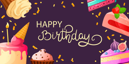 Happy Birthday. Colorful birthday poster with cakes and confetti. Vector illustration.のイラスト素材