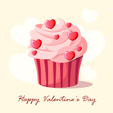 Happy Valentine's Day. A festive cupcake with hearts. Vector.のイラスト素材