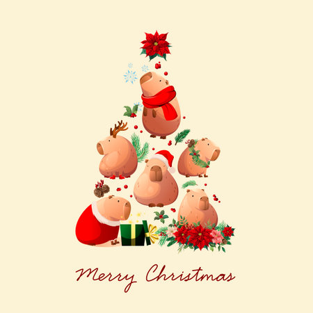 Merry Christmas. Postcard with cute capibaras. Vector.のイラスト素材