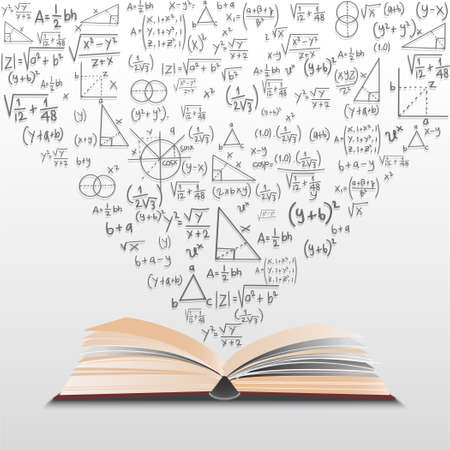 Mathematic. Open book with math doodles, symbols on white background. Concept of Education. Vector illustration.のイラスト素材