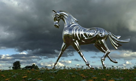 Metal horse running on summer meadow in cloudy weatherの写真素材