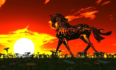 Metal horse running on summer meadow. Summer eveningの写真素材