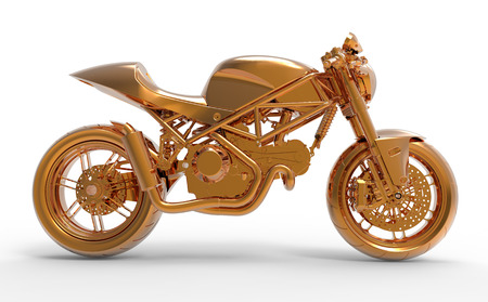 Golden motorcycle rendering isolated on white backgroundの写真素材