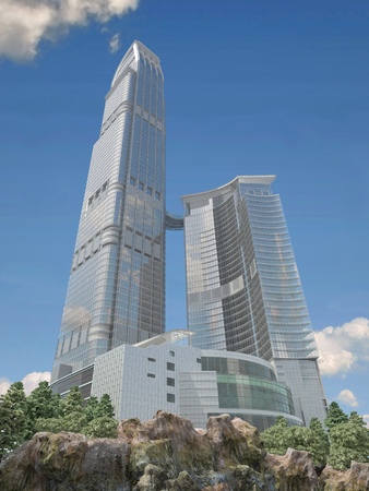 Three-dimensional visualization of the skyscraper building exterior.