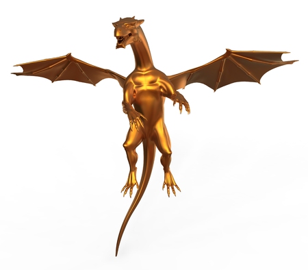 3D digital render of a soaring fantasy golden dragon isolated on white backgroundの写真素材