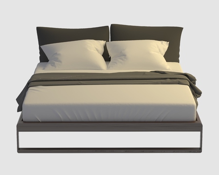 Bed with pillows and a blanket photorealistic render isolated on whiteの写真素材