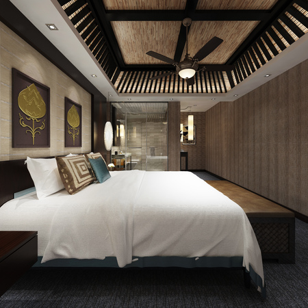 Photorealistic 3d rendering of the hotel room interiorの写真素材