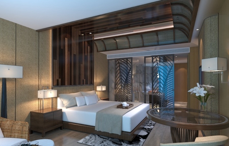 Photorealistic 3d rendering of the hotel room interiorの写真素材