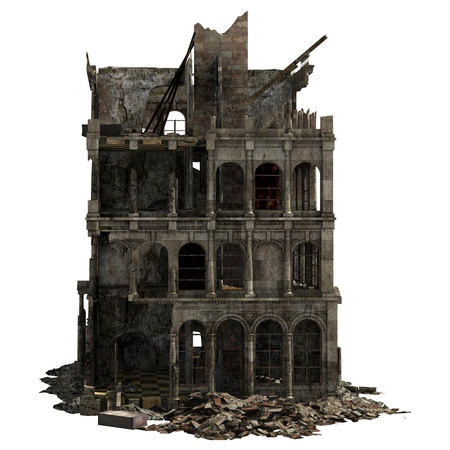 Ruined Building Isolated On White 3D Illustrationの写真素材