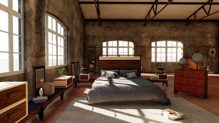Bedroom Interior Studio 3D Illustration Photorealistic Renderingの写真素材