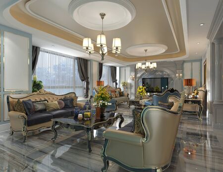 Living room interior in european style 3D illustration