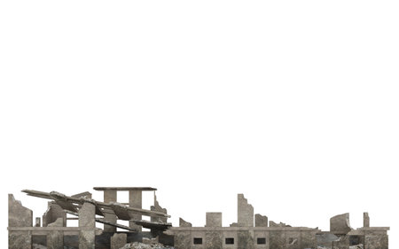 Ruined city building isolated on white 3d illustrationの写真素材