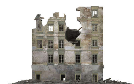Ruined city building isolated on white 3d illustrationの写真素材