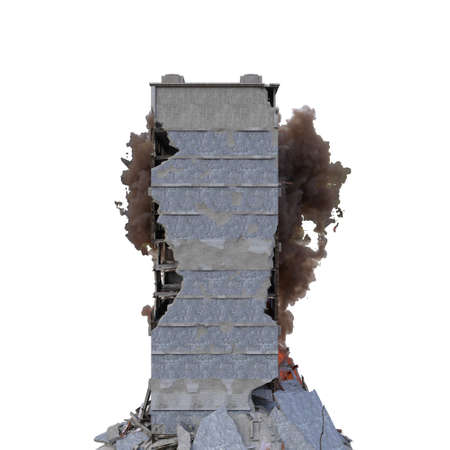 Ruined building in flames isolated on white 3d illustration