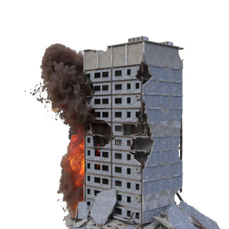 Ruined building in flames isolated on white 3d illustration