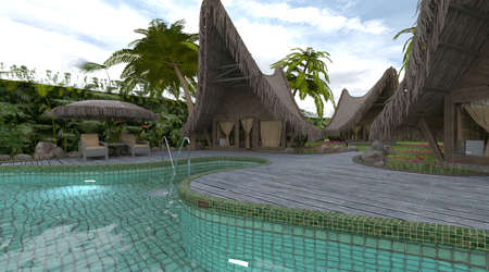 Tropical bungalow with pool in the yard 3d illustrationの写真素材