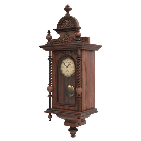 Vintage wooden clock isolated on white background. 3D illustration