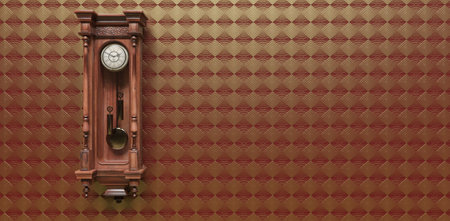 3D illustration. Vintage wooden clock clock on the wall with wallpaper.