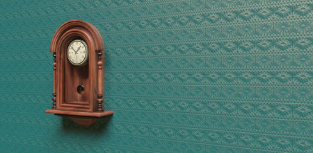 3D illustration. Vintage wooden clock clock on the wall with wallpaper.の写真素材