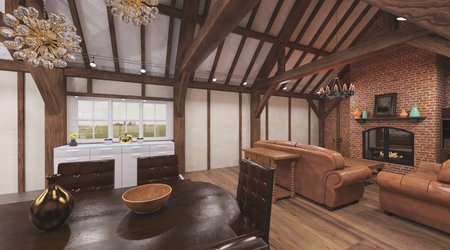 3D illustration rustic living room with kitchen interiorの写真素材
