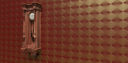 3D illustration. Vintage wooden clock clock on the wall with wallpaper.の写真素材