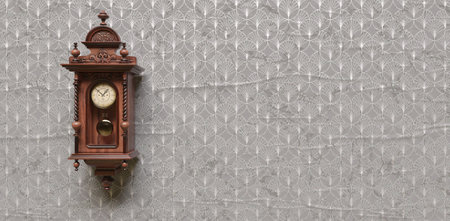 3D illustration. Vintage wooden clock clock on the wall with wallpaper.